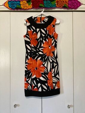 AGB Black Sheath Dress with Bold Orange Floral Print